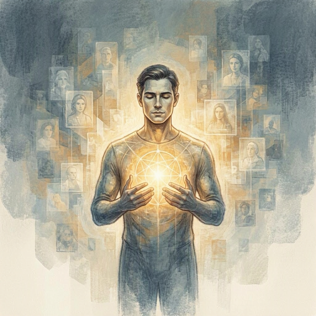 “Calm figure standing in soft light, symbolizing the shift from outward image to inner integrity.”