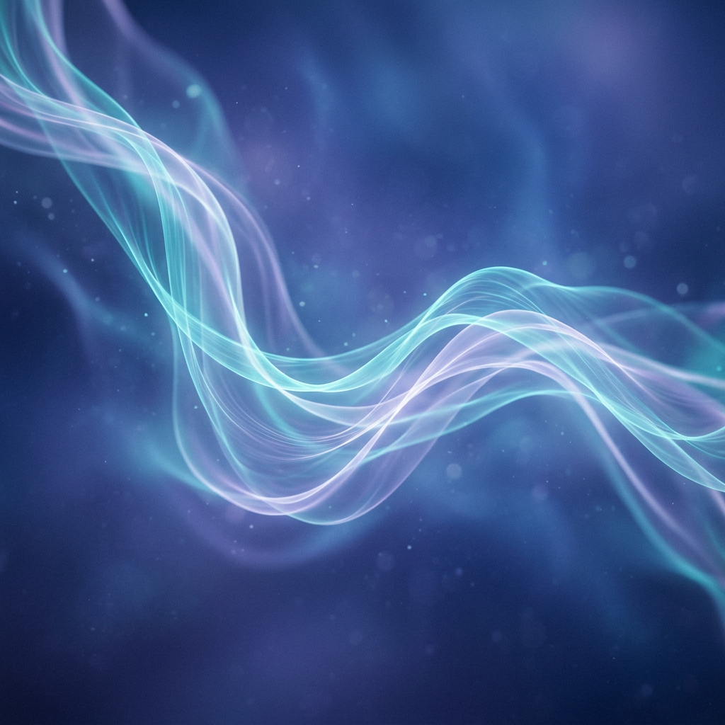 Soft, flowing waves of translucent blue, teal, and purple light curve across a blurred background with small scattered particles, creating a calm, abstract, horizon‑like effect.