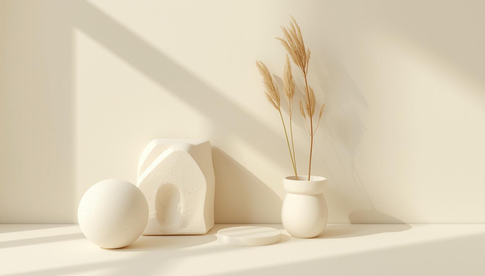 Minimalist still life with a round sphere, geometric arch sculpture, flat circular disc, and small vase with dried stems in soft natural light.